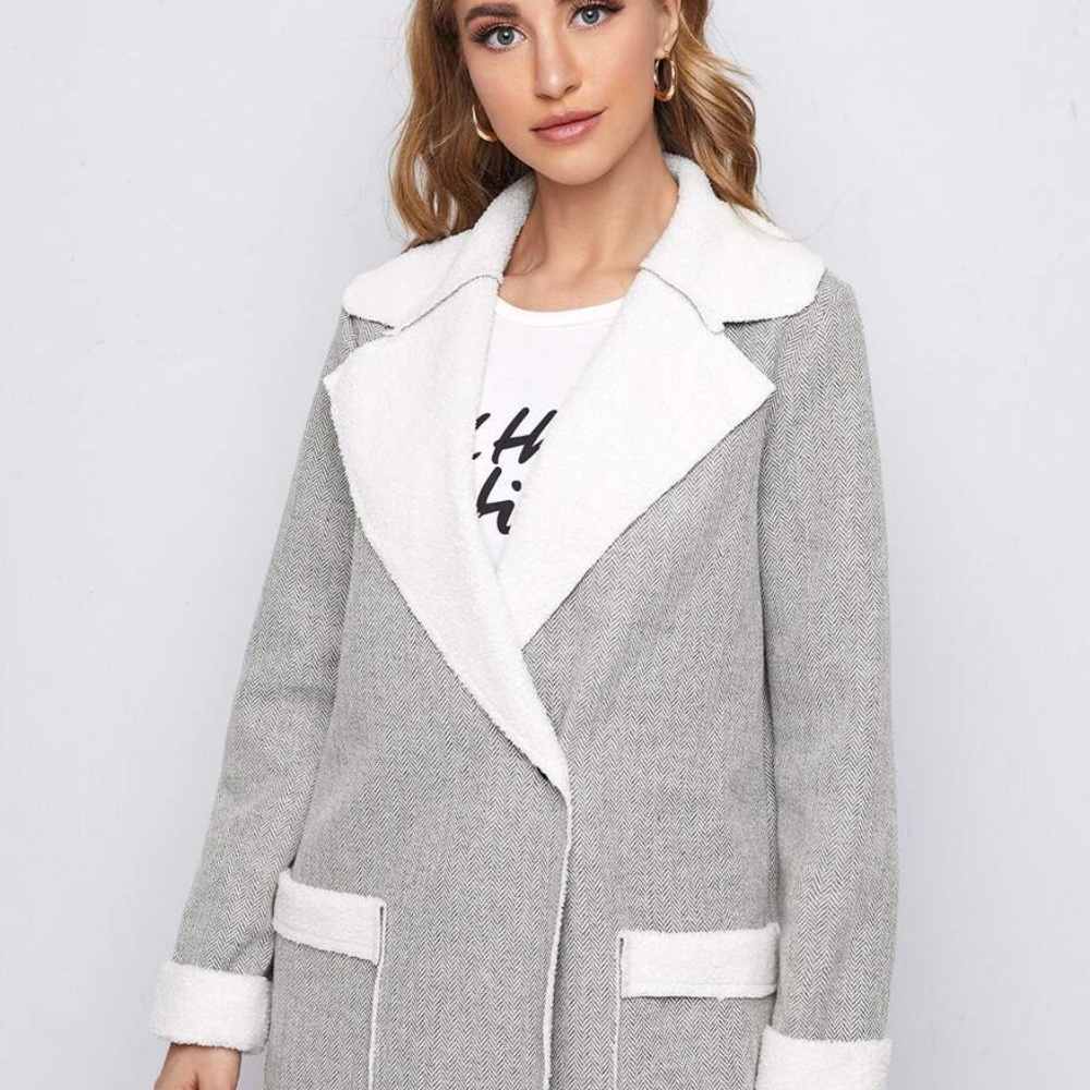 grey shearling lined teddy pocket trench pea coat - Picture 2 of 5